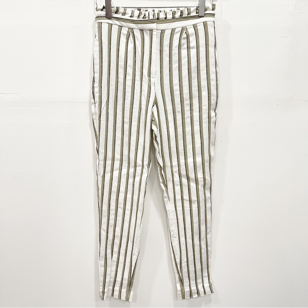 Express Ankle High Waist Pants Paperbag Waist Stripe Ivory Green 2 Regular